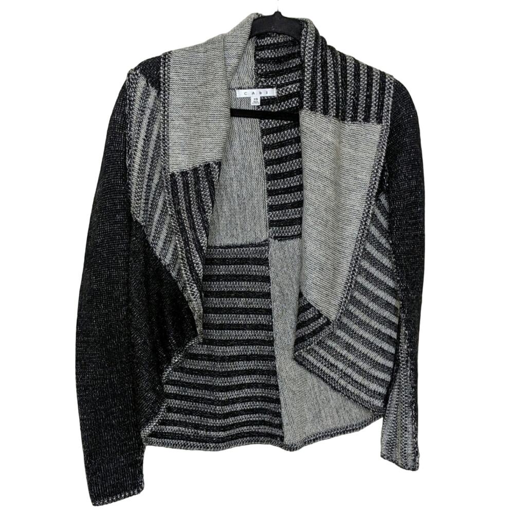 Cabi 483 Patchwork Circle Cardigan Black Gray Draped Front Wool Acrylic Size XS